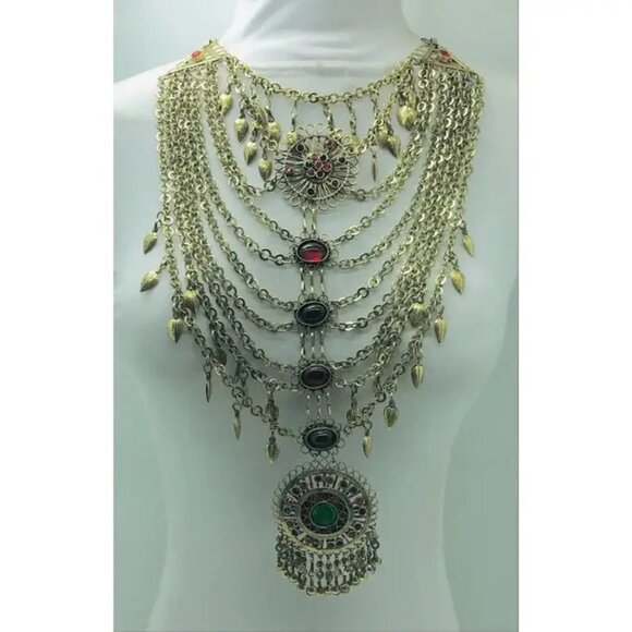 Multilayers Bib Necklace With Dangling Tassels and Multicolor Glass Stones